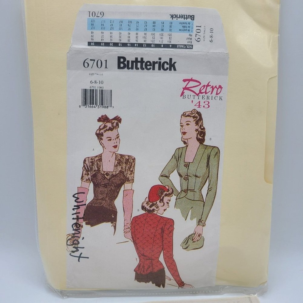 Retro Butterick '43 6701 Sz 6 8 10 Sewing Pattern Fitted Blouse UNCUT